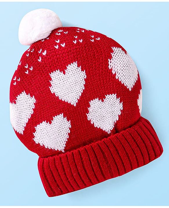 Babyhug Knit Woollen Cap With Pom Pom Applique & Heart Design - Red