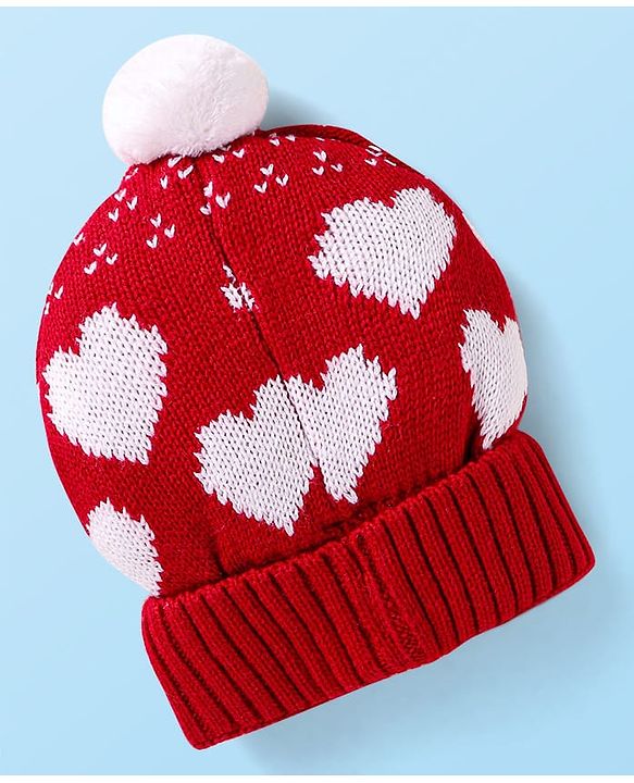 Babyhug Knit Woollen Cap With Pom Pom Applique & Heart Design - Red