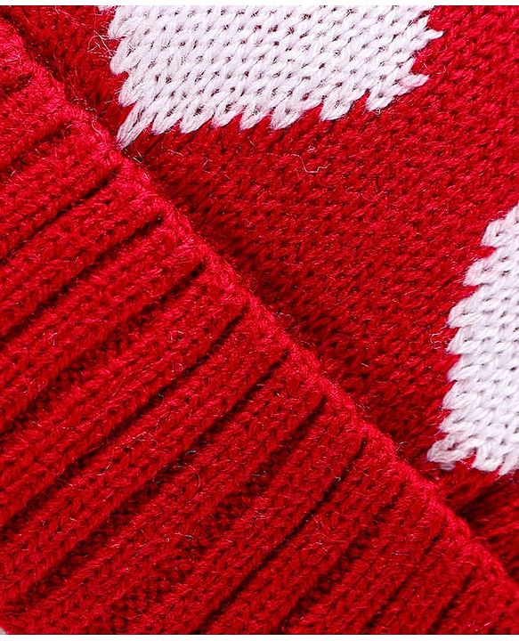 Babyhug Knit Woollen Cap With Pom Pom Applique & Heart Design - Red