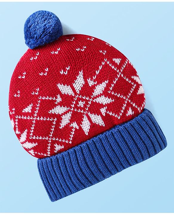 Babyhug Knit Woollen Cap With Pom Pom Applique & Design - Red