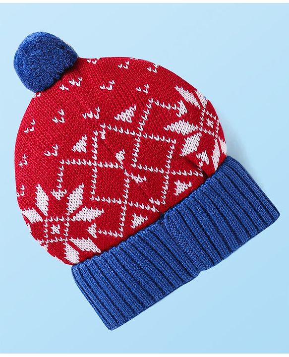 Babyhug Knit Woollen Cap With Pom Pom Applique & Design - Red