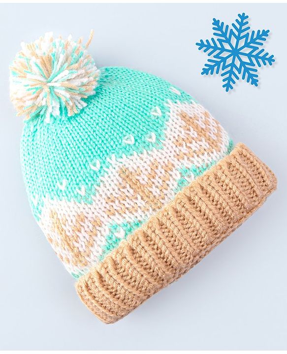 Babyhug Cable Knit Design Woollen Cap with Pom Pom Green & Beige - Diameter 20cm