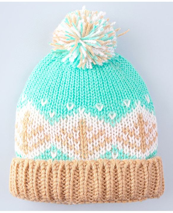 Babyhug Cable Knit Design Woollen Cap with Pom Pom Green & Beige - Diameter 20cm
