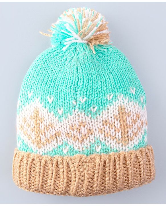 Babyhug Cable Knit Design Woollen Cap with Pom Pom Green & Beige - Diameter 20cm