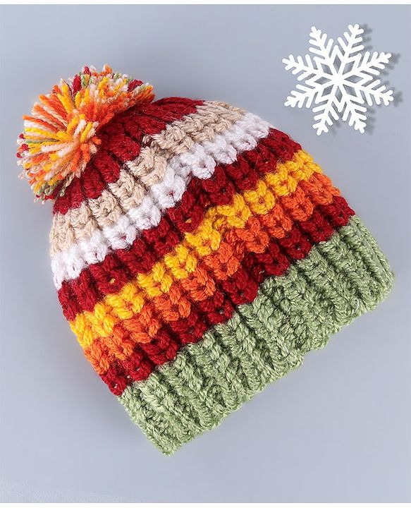Babyhug Cable Knit Design Woollen Cap with Pom Pom - Yellow & Green