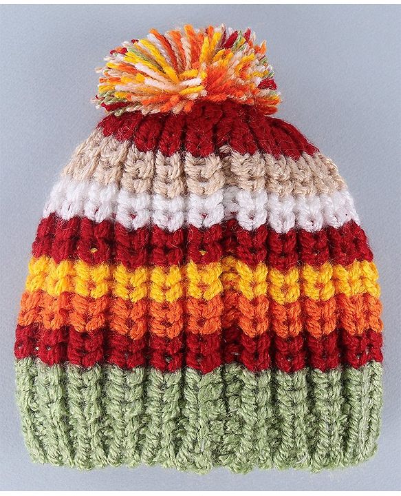 Babyhug Cable Knit Design Woollen Cap with Pom Pom - Yellow & Green