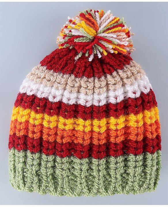 Babyhug Cable Knit Design Woollen Cap with Pom Pom - Yellow & Green