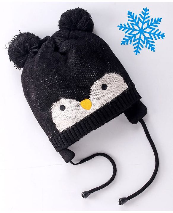 Babyhug Penguin Design Woollen Cap with Knot - Black