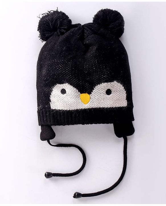 Babyhug Penguin Design Woollen Cap with Knot - Black