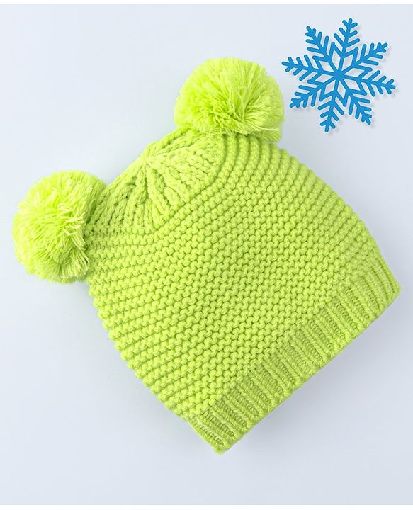 Babyhug Cable Knit Design Woollen Cap with Pom Pom Neon Green - Diameter 20cm
