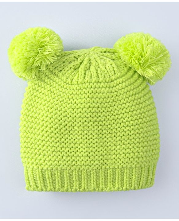 Babyhug Cable Knit Design Woollen Cap with Pom Pom Neon Green - Diameter 20cm