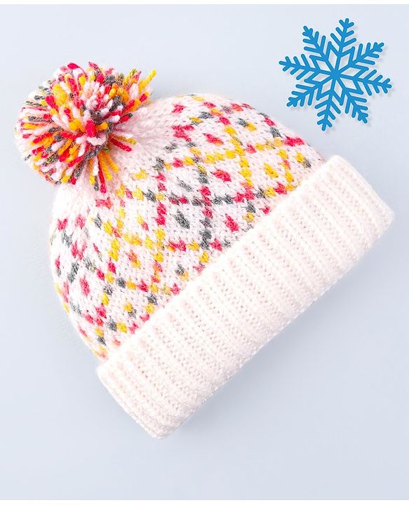 Babyhug Cable Knit Design Woollen Cap with Pom Pom - White & Red