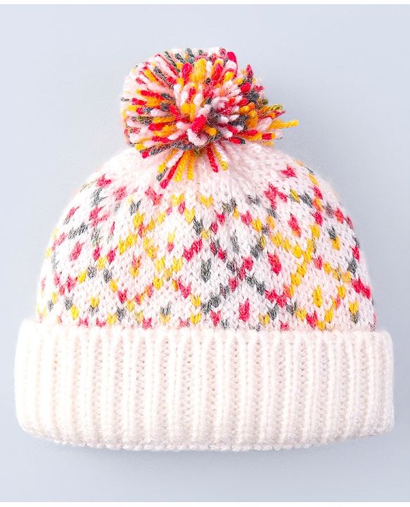 Babyhug Cable Knit Design Woollen Cap with Pom Pom - White & Red