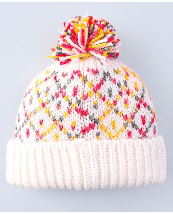 Babyhug Cable Knit Design Woollen Cap with Pom Pom - White & Red