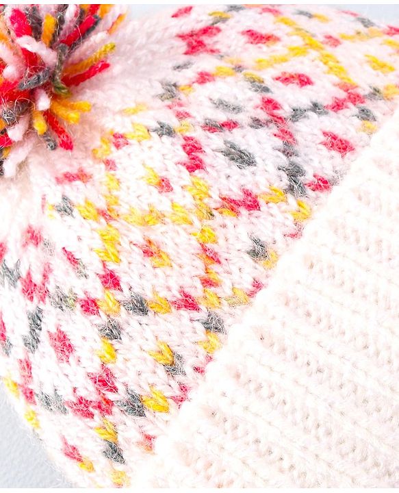 Babyhug Cable Knit Design Woollen Cap with Pom Pom - White & Red
