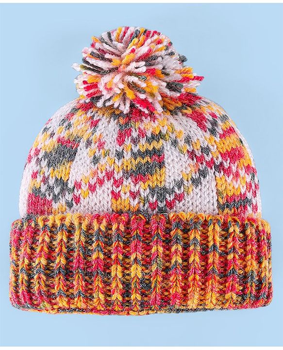 Babyhug Knitted Woollen Design Cap with Pom Pom Detailing - White & Red