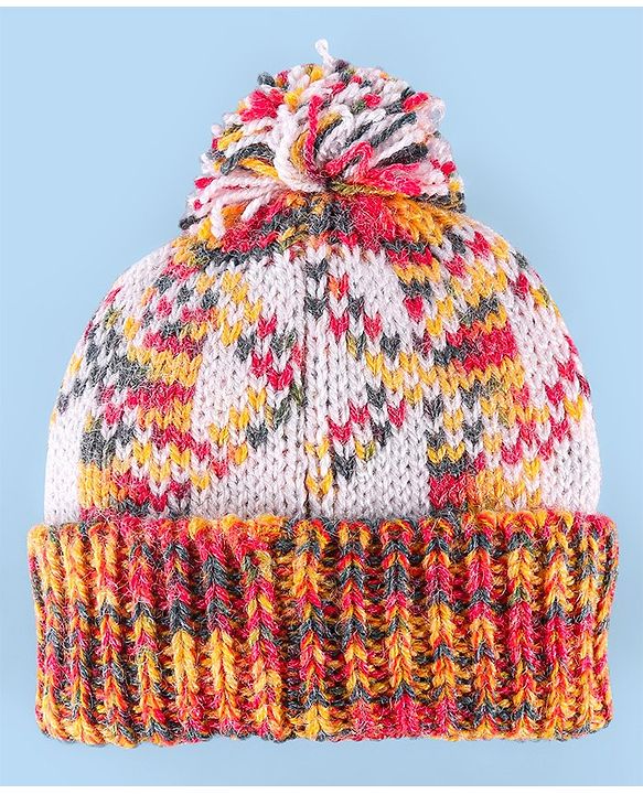 Babyhug Knitted Woollen Design Cap with Pom Pom Detailing - White & Red