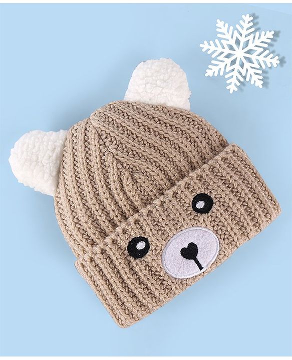 Babyhug Cable Knit Woollen Cap with Ear Applique - Beige