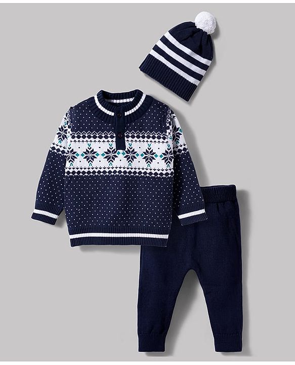 Babyhug 100% Cotton Knit Full Sleeves Floral Printed Sweater Set With Cap - Navy Blue