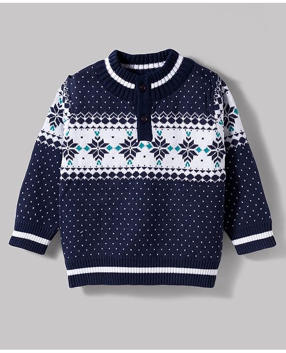 Babyhug 100% Cotton Knit Full Sleeves Floral Printed Sweater Set With Cap - Navy Blue