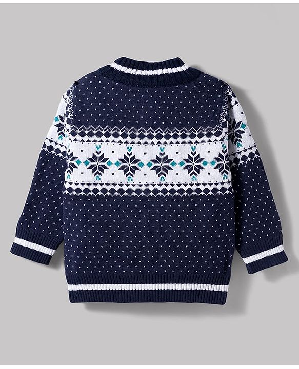 Babyhug 100% Cotton Knit Full Sleeves Floral Printed Sweater Set With Cap - Navy Blue