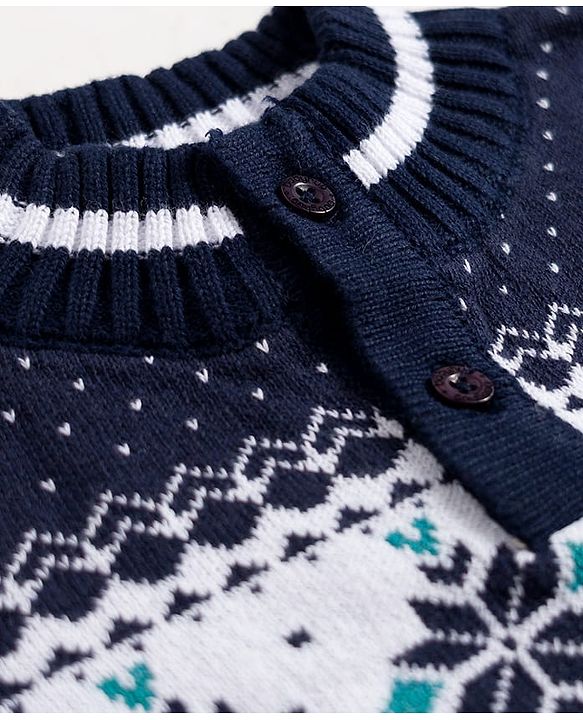 Babyhug 100% Cotton Knit Full Sleeves Floral Printed Sweater Set With Cap - Navy Blue