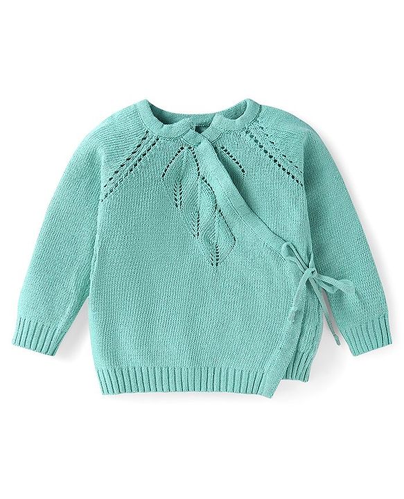 Babyhug Knitted Full Sleeves Side Tie Up Sweater Set with Cap - Aqua Blue