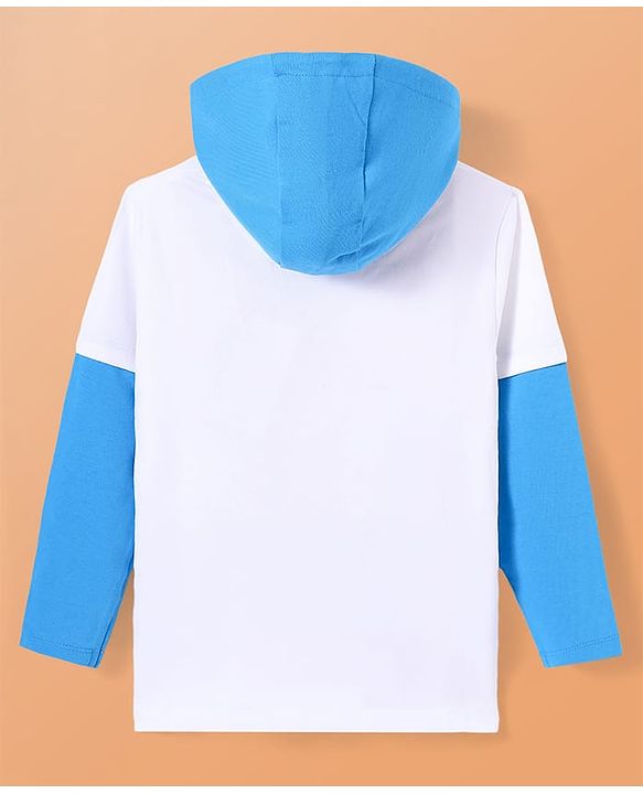 Pine Kids Marvel Terry Knit Full Doctor Sleeves Hooded T-Shirt with Spider Man Graphic & HD Foil Print Detailing - White & Blue