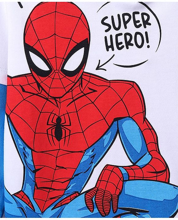 Pine Kids Marvel Terry Knit Full Doctor Sleeves Hooded T-Shirt with Spider Man Graphic & HD Foil Print Detailing - White & Blue