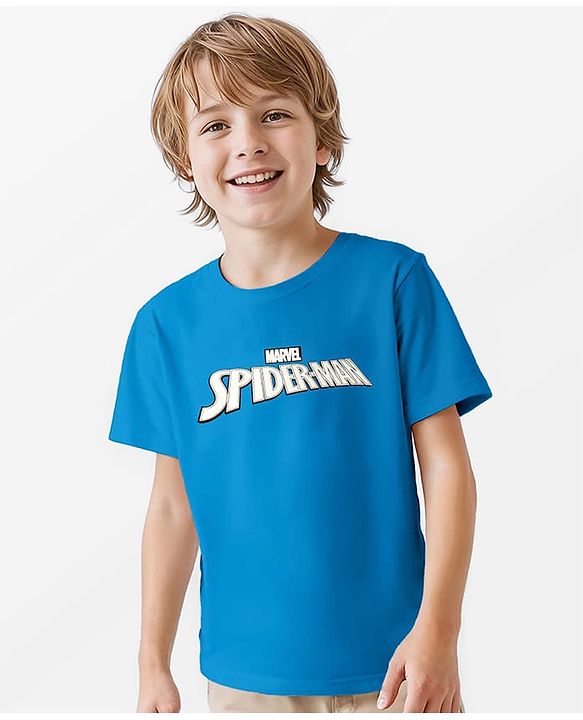 Pine Kids Marvel Terry Knit Half Sleeves Oversized Light Weight T-Shirt With Spiderman Graphics - Blue