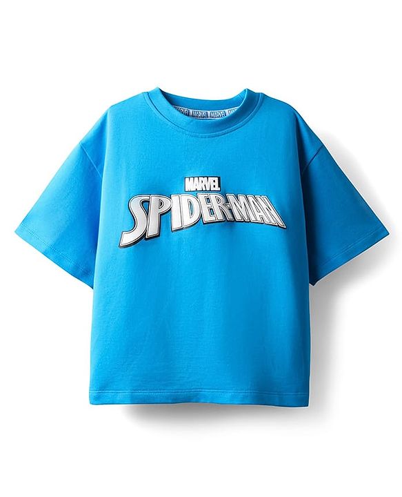 Pine Kids Marvel Terry Knit Half Sleeves Oversized Light Weight T-Shirt With Spiderman Graphics - Blue
