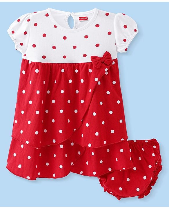 Babyhug Single Jersey Knit Half Sleeves Frock With Bloomer Polka Dots Print & Bow Applique- Red & White