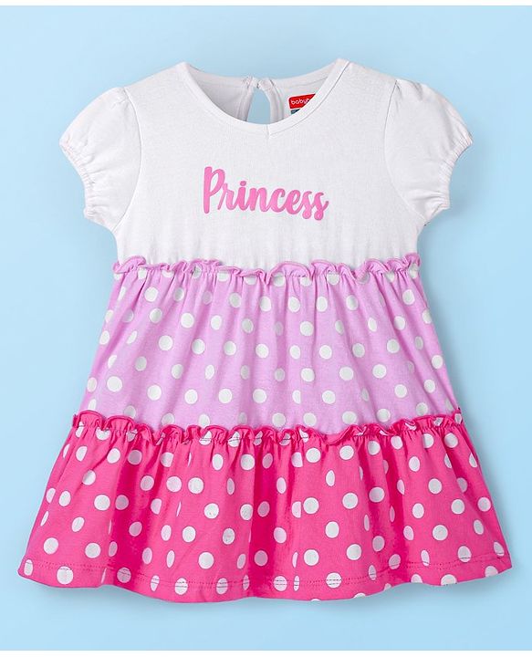 Babyhug Single Jersey Knit Half Sleeves Frock with Polka Dots & Text Print - Pink & White