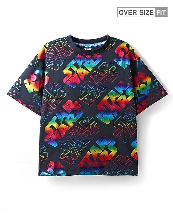 Pine Kids Lucas Terry Knit Half Sleeves Oversized Light Weight T-Shirt With Star Wars Graphics & Holographic Print - Black