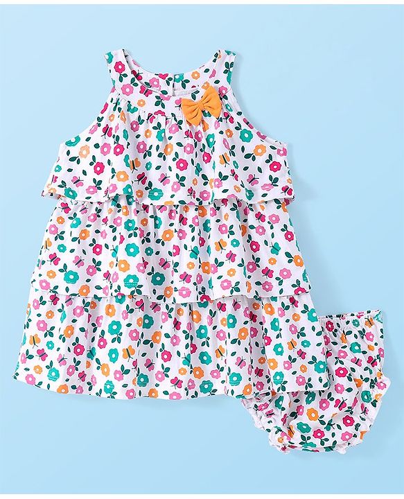 Babyhug Single Jersey Knitted Sleeveless Frock with Bloomer Floral Print - White Pink & Green