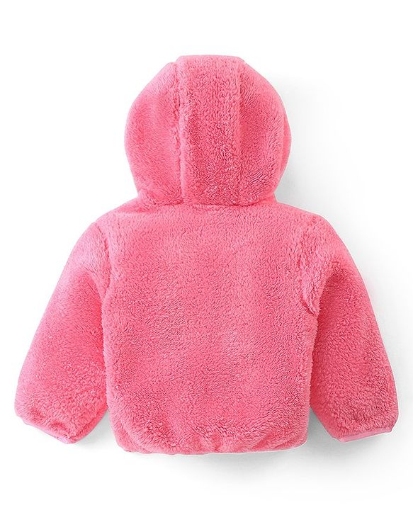 Babyhug Woven Full Sleeves Front Open Hooded Fur Jacket With Bear Embroidery Detailing - Pink