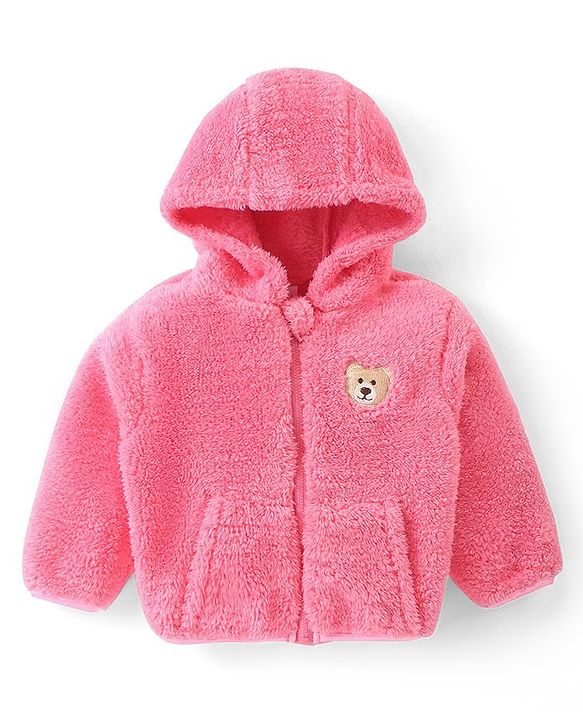 Babyhug Woven Full Sleeves Front Open Hooded Fur Jacket With Bear Embroidery Detailing - Pink
