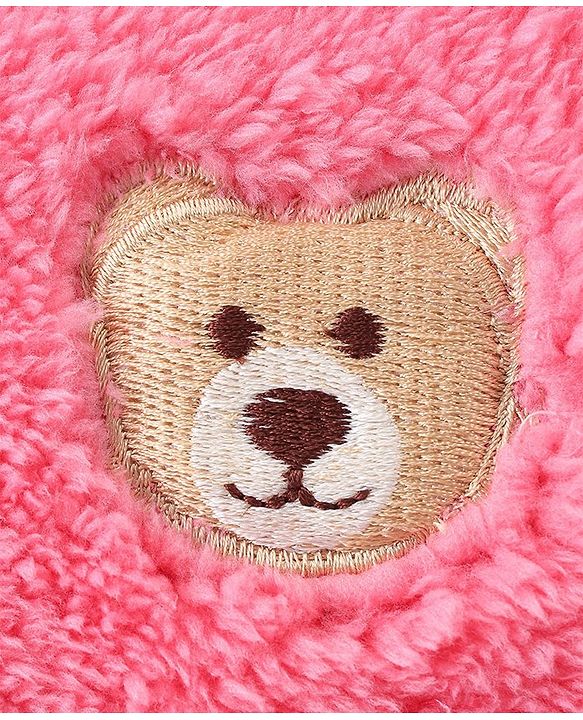 Babyhug Woven Full Sleeves Front Open Hooded Fur Jacket With Bear Embroidery Detailing - Pink