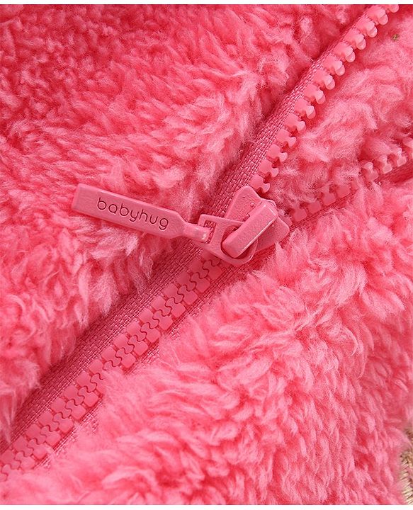 Babyhug Woven Full Sleeves Front Open Hooded Fur Jacket With Bear Embroidery Detailing - Pink