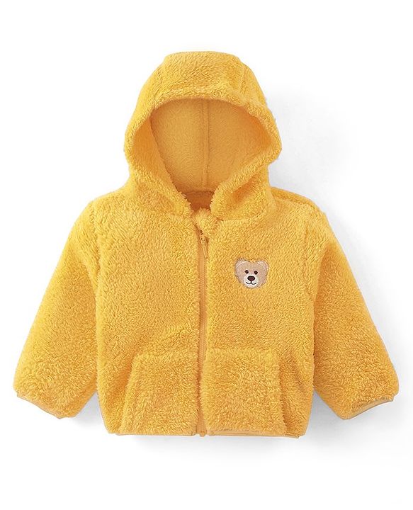 Babyhug Woven Full Sleeves Front Open Hooded Fur Jacket With Bear Embroidery Detailing - Pink