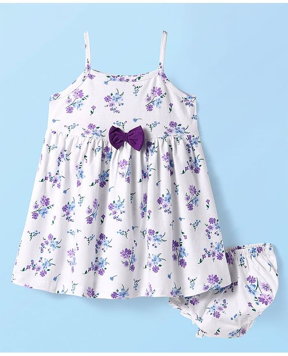 Babyhug Single Jersey Knit Sleeveless Floral Printed Dress With Bloomer & Bow Applique - White