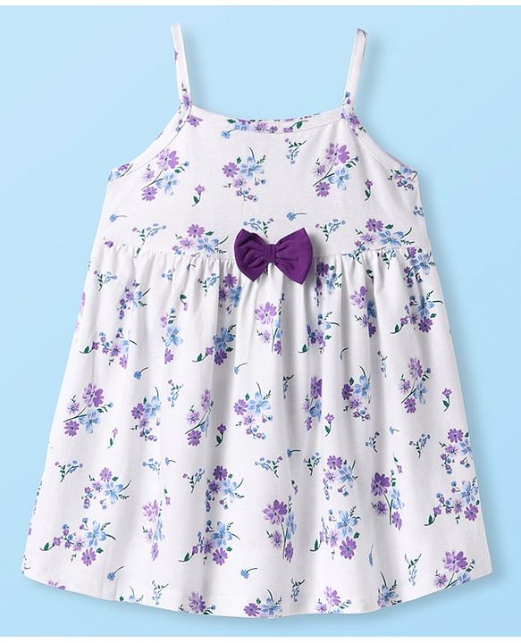 Babyhug Single Jersey Knit Sleeveless Floral Printed Dress With Bloomer & Bow Applique - White