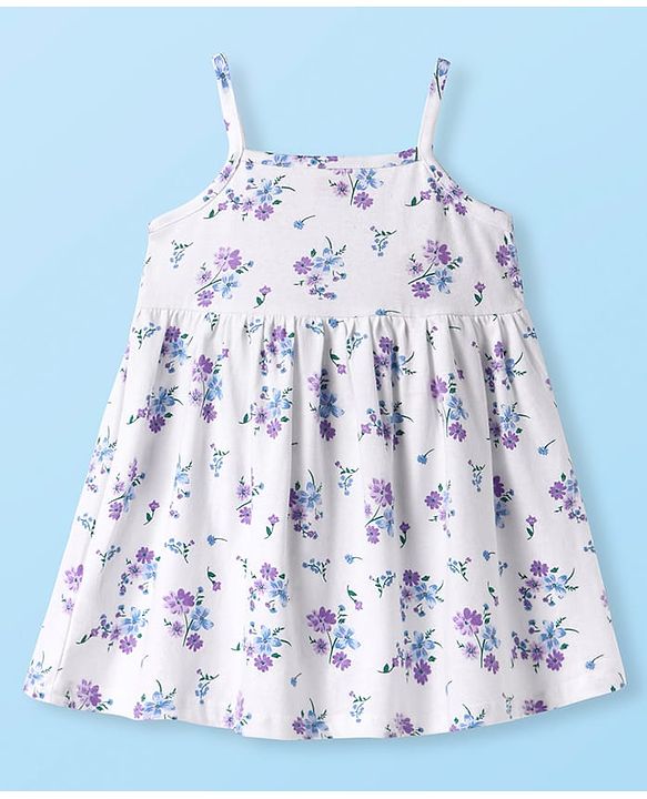 Babyhug Single Jersey Knit Sleeveless Floral Printed Dress With Bloomer & Bow Applique - White
