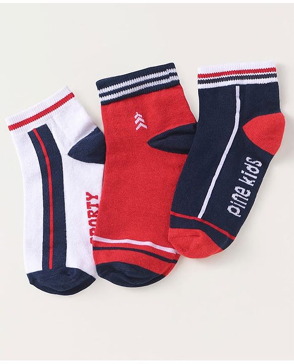 Pine Kids Knit Ankle Length Socks with Brand Name Design & Stripes Pack of 3 (Color May Vary)