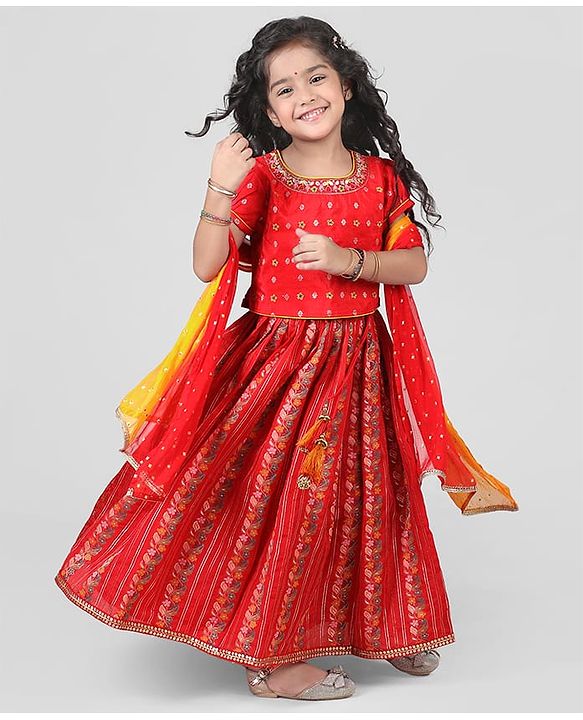 Babyhug Brocade Woven Half Sleeves Floral Embroidered  Choli Lehenga Set with Dupatta Mirror Work & Lace Detailing - Red