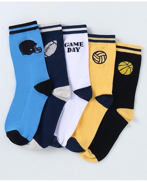 Pine Kids Cotton Knit Ankle Length Sport Theme Socks Pack Of 5 (Color May Vary)