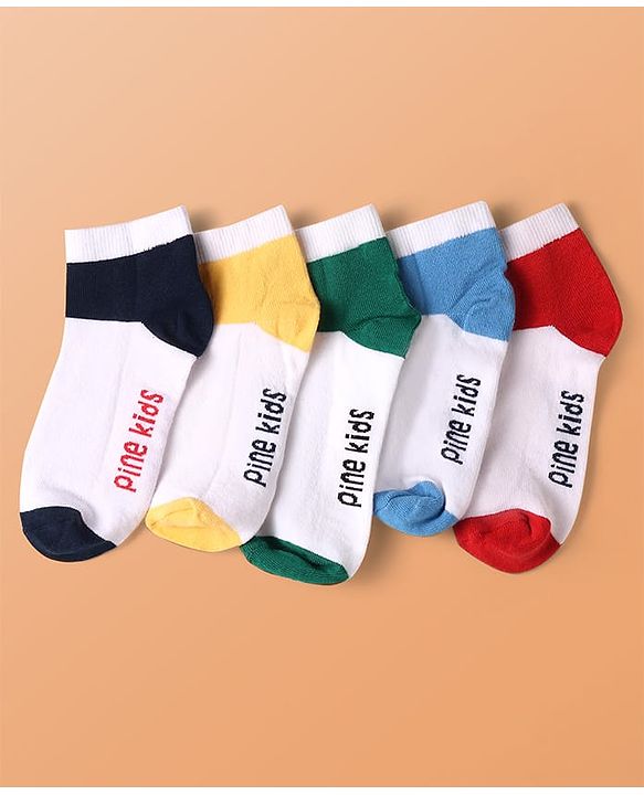 Pine Kids Knit Ankle Length Cut & Sew Color Block Socks with Brand Name Design Pack of 5 (Color May Vary)