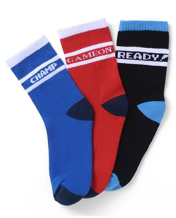 Pine Kids Cotton Knit Socks with Text Print Pack of 3 - Blue Red & Black