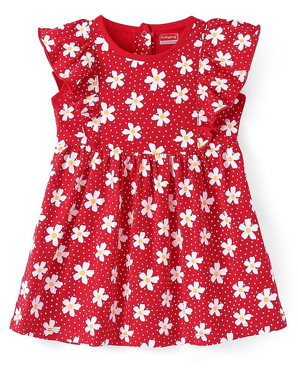 Babyhug Single Jersey Knitted Half Sleeves Frill Detailing Floral Printed Frock with Bloomer - Red & White
