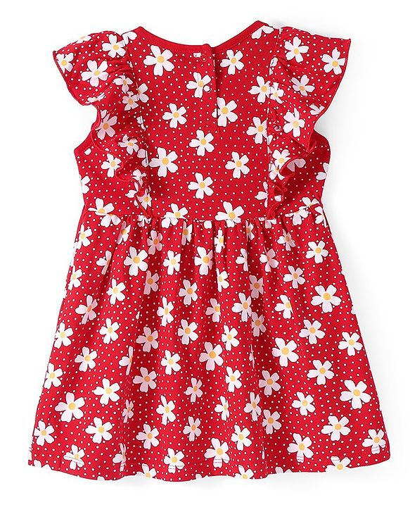 Babyhug Single Jersey Knitted Half Sleeves Frill Detailing Floral Printed Frock with Bloomer - Red & White